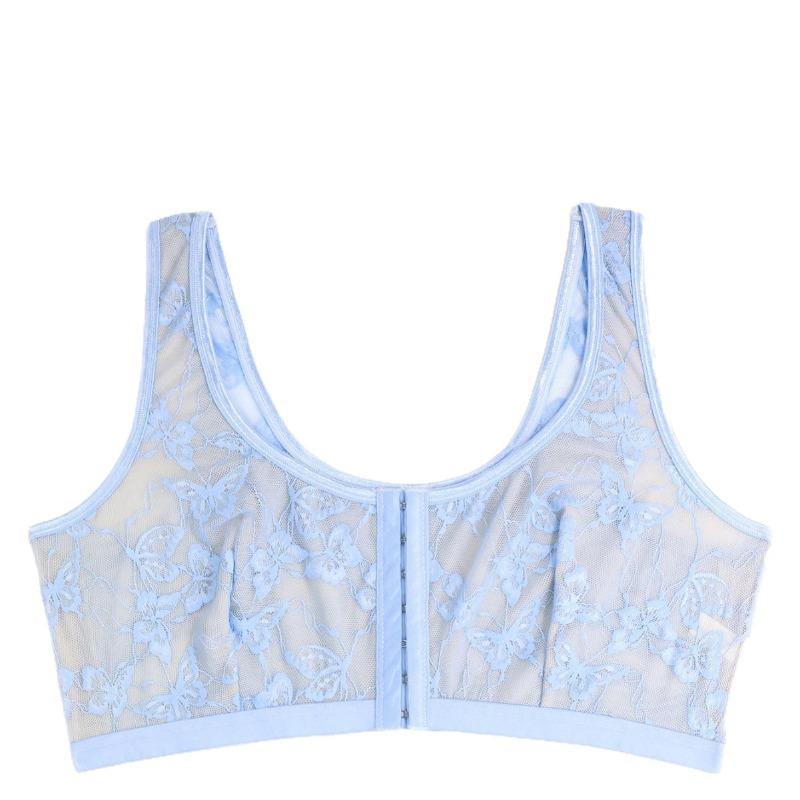Plus Size Wireless Front Closure Bra for Women Floral Lace Adjustable Breathable Cutout Back Comfort Tank Intimates