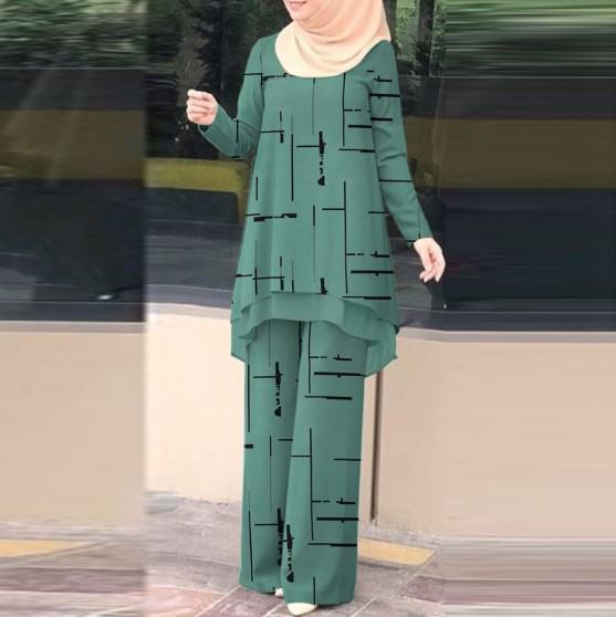 Women's Muslim Daily Double-Layer Vertical Stripe Chiffon Set with Elastic Waistband