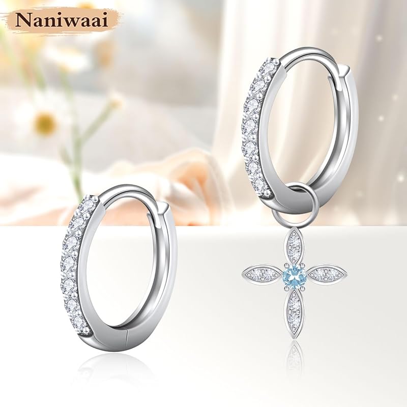 Naniwaai Ohrringe Damen März Geburtsstein Creolen Sway 2Way Blume Frau Silber Metallallergie-kompatibel Kreuz Erwachsene Accessoires Geschenk Geburtstag