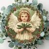 Vintage Christmas Angel Metal Tin Sign Rustic Round Wall Art Holiday Decor