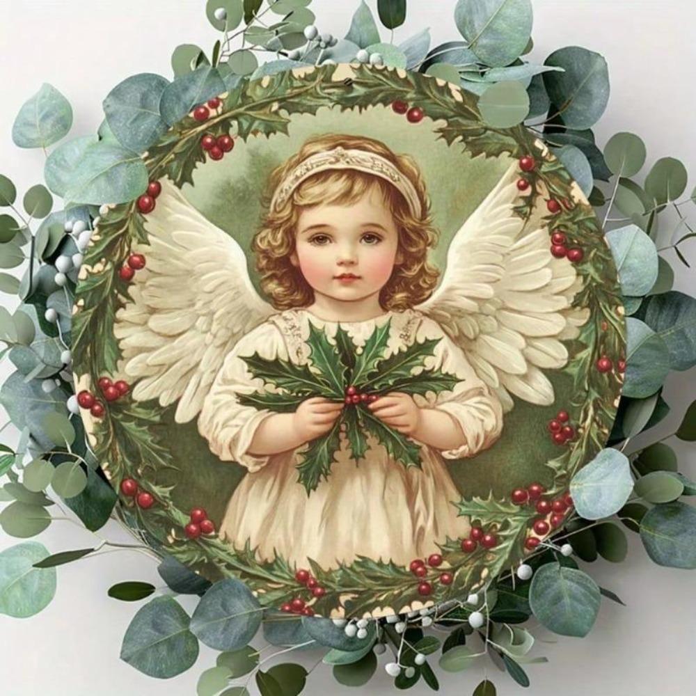 Vintage Christmas Angel Metal Tin Sign Rustic Round Wall Art Holiday Decor