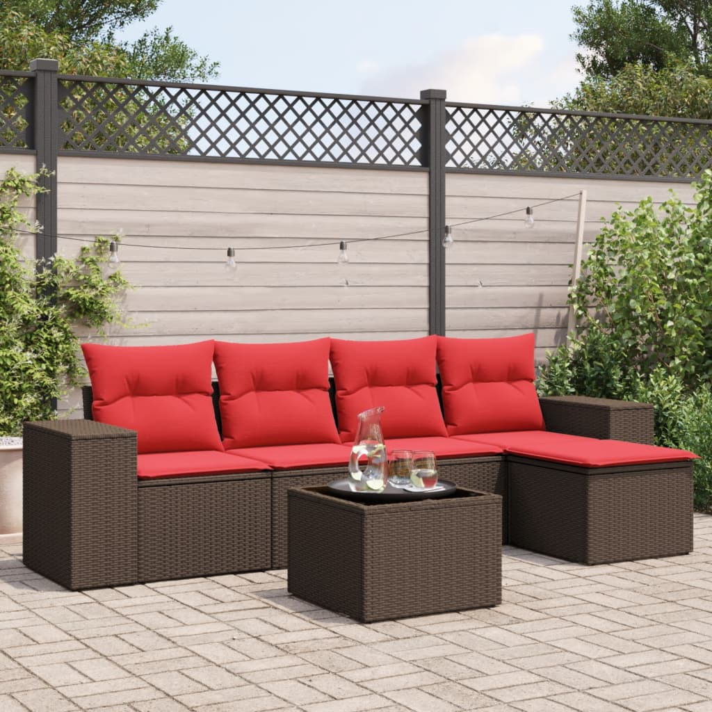 6 Piece Garden Sofa Set with Cushions Brown Poly Rattan