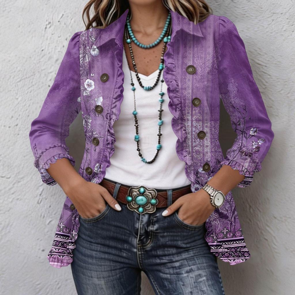 Women's Fashion Floral Print Long Sleeve Ruffle Button Down Blouse for Casual Wear