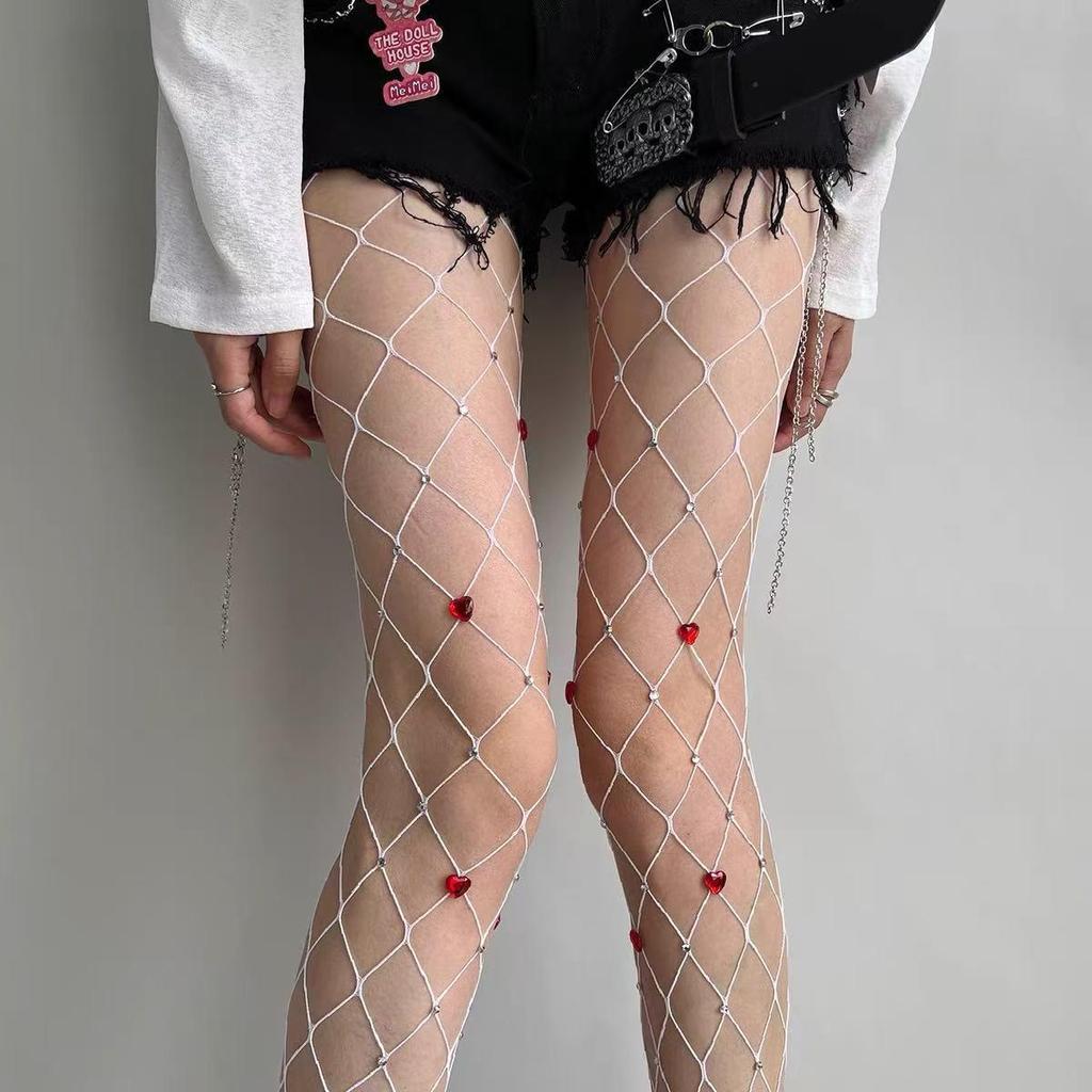 Rhinestone Heart Fishnet Pantyhose - Shiny Mesh Clubbing Lingerie