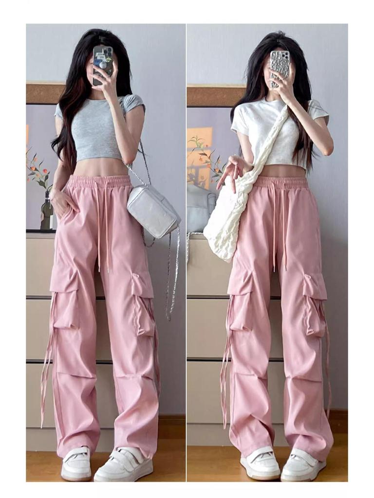 Petite High Waist Pink Cargo Pants - Women's Spring/Summer Wide Leg Floor-Length Parachute Pants