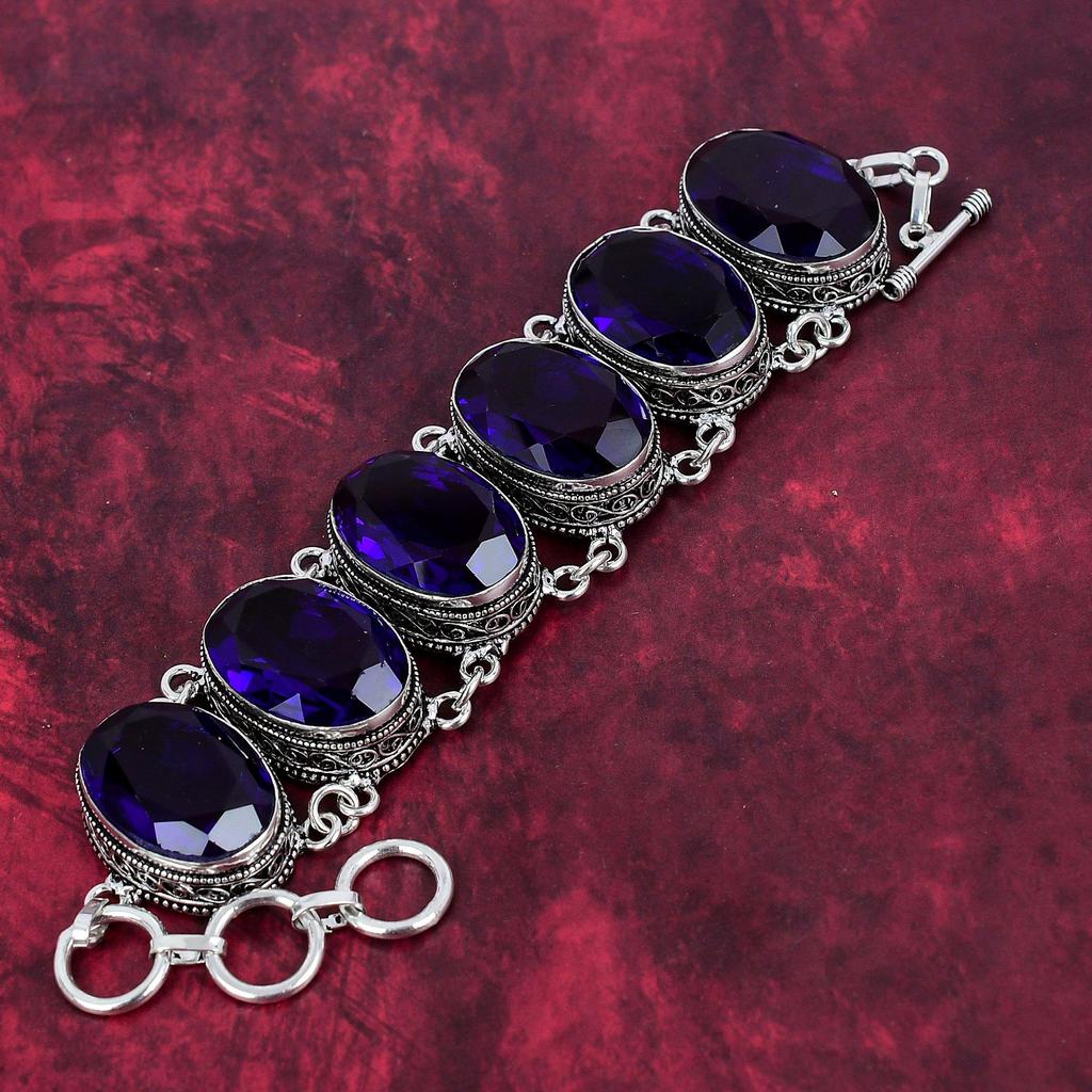 Blaues Saphir Armband, handgefertigtes Edelstein Armband, 925 Sterling Silber Antik Schmuck, Für Verlobungsgeschenk