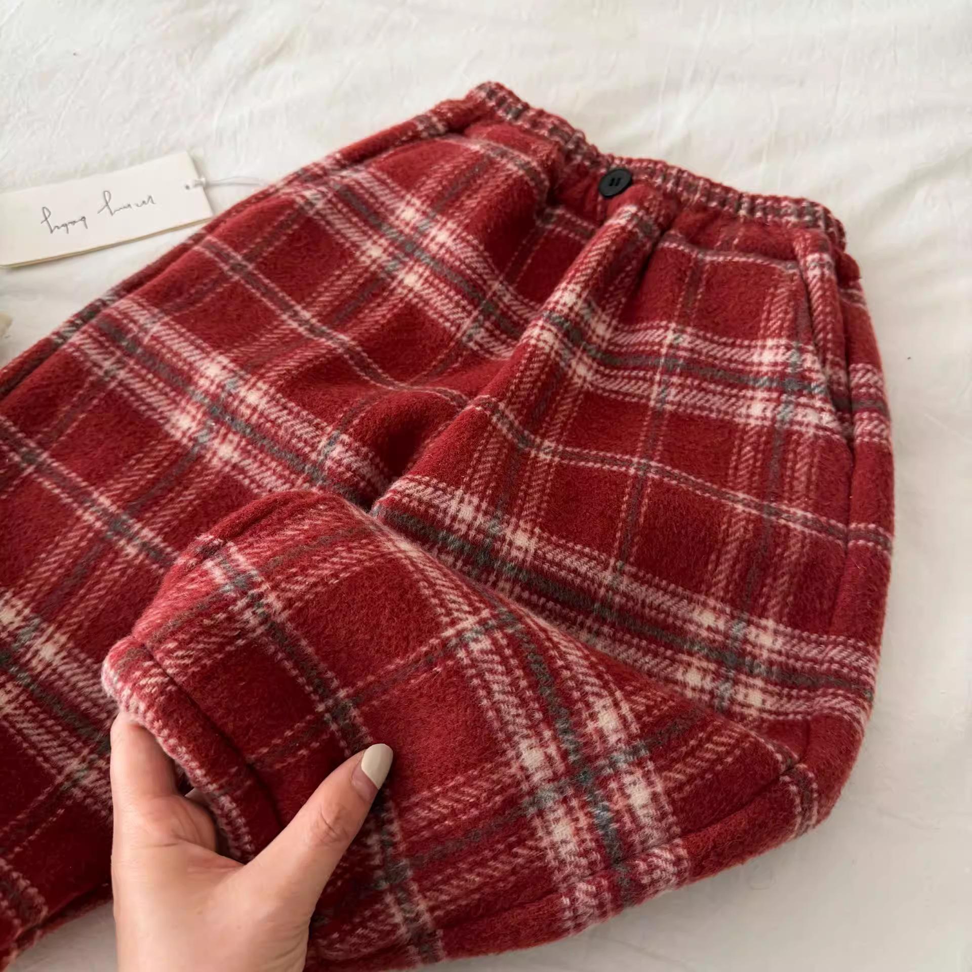 Boys Fleece Lined Plaid Wool Blend Straight Leg Pants for Winter 80