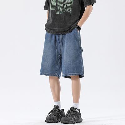 New Summer Loose Straight High Street Denim Shorts Men's Elastic Wash 5-minute Medium Pants