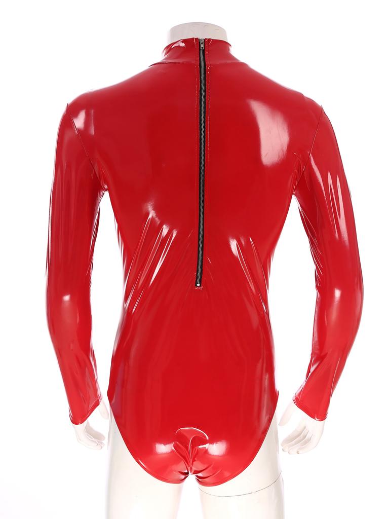 Men Shiny Latex Catsuit Leotard Jumpsuit Slim Fit Long Sleeve Zipper Boxer Bodysuit Leotard Clubwear Pole Dance Rave Costume
