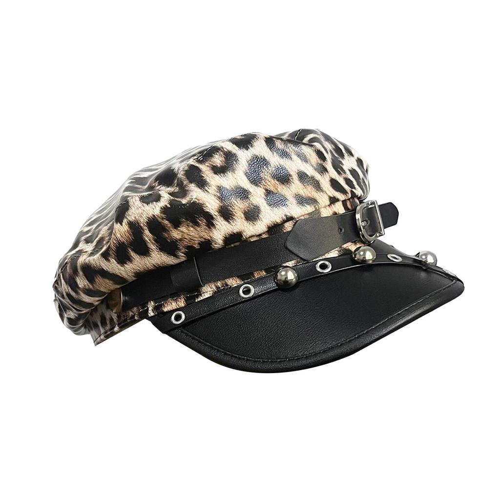 Leopards Print Studded Hat Buckles Trendy Hat Women Stylish Octagonal Hat for Trendy Women