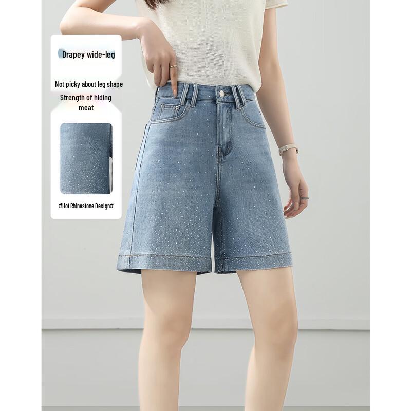 TERRE BLEUE Women s 2026 Summer Rhinestone Loose Denim Shorts S