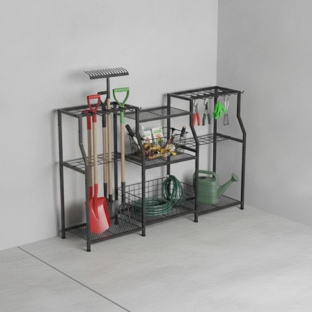 Garden Tool Organizer Heavy Duty Garage Storage Rack with Hooks Space-Saving