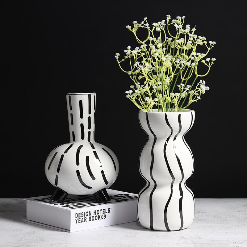 Modern Nordic Black White Striped Ceramic Vase Home Decor for Hotel Apartment Showroom
