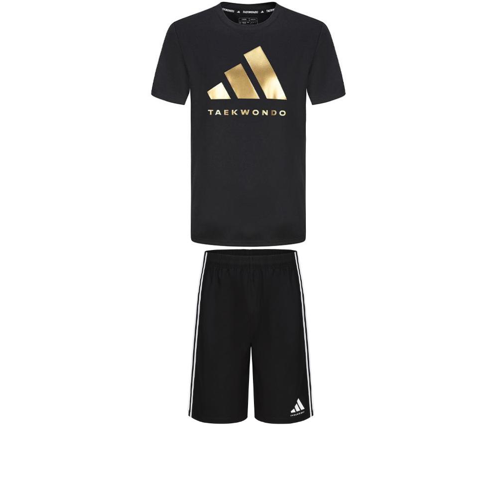 

Adidas Taekwondo Round Neck Pullover Short Sleeve T-Shirt Comfortable Striped Fashion Shorts Casual Sports Suit ADICLTS24TKP-BG+S21ATMSH2T-BW S