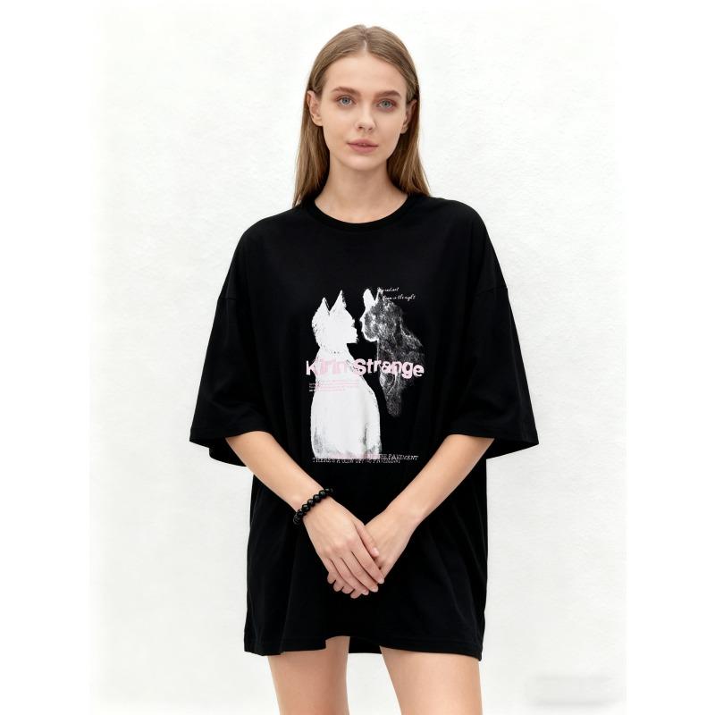 Oversized T Shirt Black Cat And Wolf Graphic Print With KIT Strange Text Casual Streetwear For Women