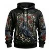 Women's Skeleton Raven Red Rose Pentagram Full Print Hoodie Halloween Gothic Long Sleeve Drawstring Sweatshirt For Streetwear