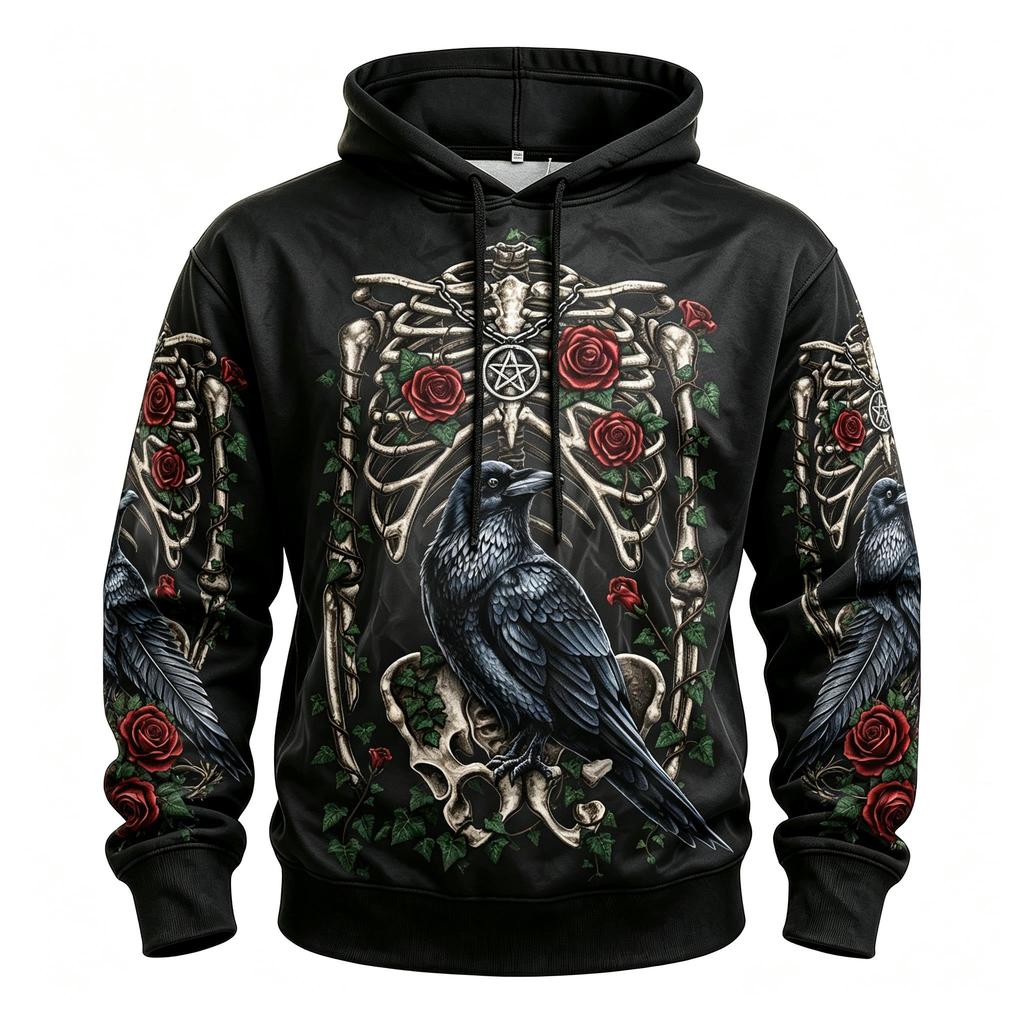 Women's Skeleton Raven Red Rose Pentagram Full Print Hoodie Halloween Gothic Long Sleeve Drawstring Sweatshirt For Streetwear