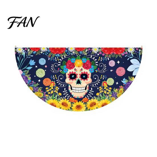 Reusable Party Entrance Sign Day of The Dead Skull Bunting Banner, Marigold Print Fiesta Unique Fan Shaped Banner Hanging Flag, Colorful Sugar Outdoor