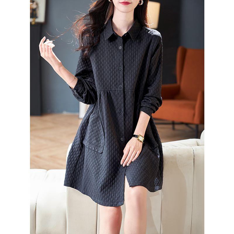 

Baoshili Lapel Jacquard Long Sleeve Shirt Skirt 2025 Autumn New Arrival Loose Temperament Mid Length Long Length Chiffon Dress Dark night Black M([40.00 kg-57.50 kg]])