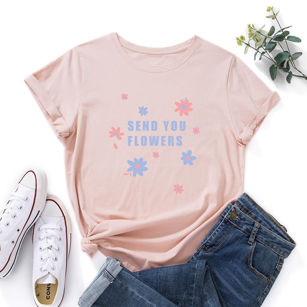 Send You Flowers Cotton T-Shirt Short Sleeve Round Neck Women 2d Print Tops