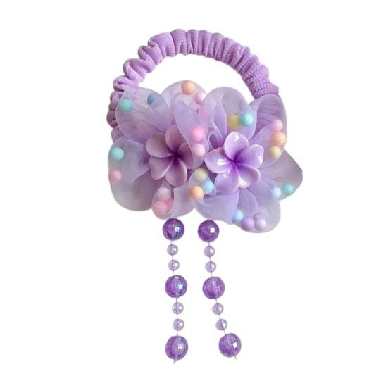 Hair Tie Soft Organza Flower Shape Hair Rope with Plush Tassels Imitation Pearls Decor High Elastic Band Bun Holder Hair Accessories