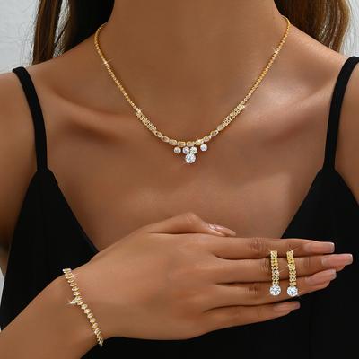 Luxury Temperament Rhinestone Zircon Jewelry Set Necklace Earrings Bracelet Set Bridal Jewelry
