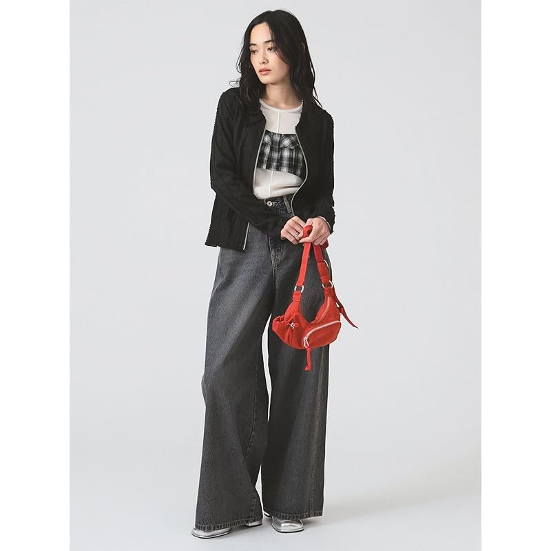 [Ray Beams] L/S TEE stripe shirring zip shirt ladies BLACK ONE SIZE