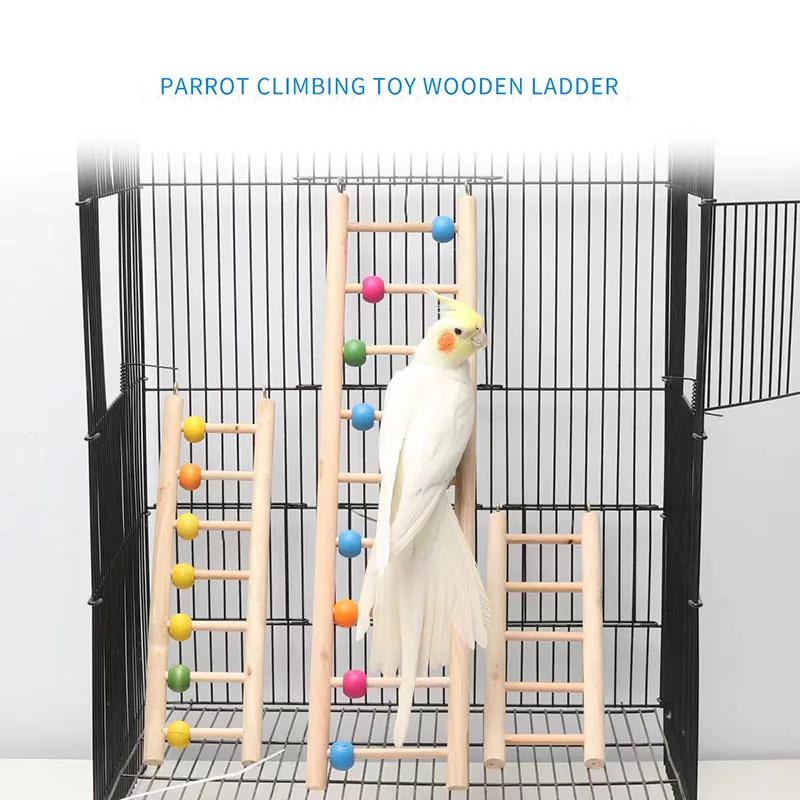 Natural Wood Birds Pets Parrots Ladders Climbing Toy Hanging Colorful Balls Parrot Toys for Conures Parakeets Cockatiels
