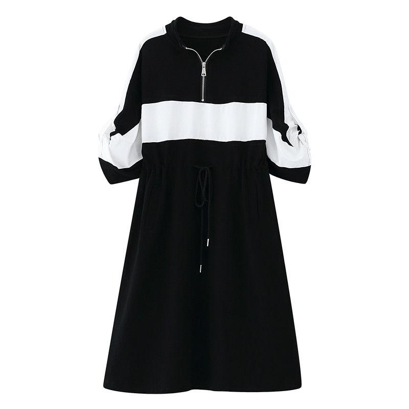 Fashion Contrasting Colors Spliced Casual Women's Korean Zipper Loose Drawstring Waist Midi Dresses
