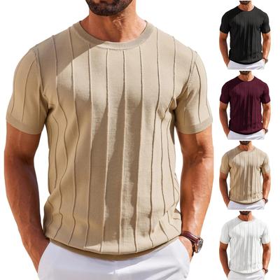 Men's New Short-sleeve Knit Sweater, Men's Neck High-end Vertical Striped T-shirt Top