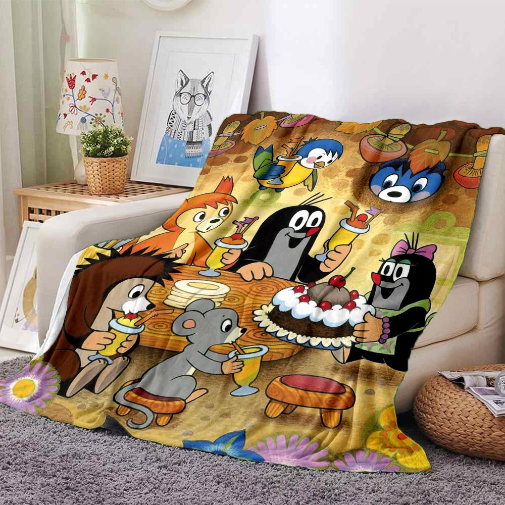 Little Mole Cartoon Animal Party Scene Print Flannel Blanket Soft Warm Throw Blanket for Sofa Bed Living Room