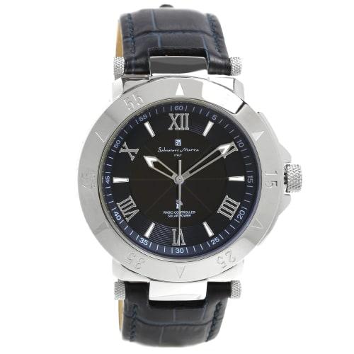 

Salvatore Marra Men s Solar-Powered Radio-Controlled Wristwatch with Leather Strap, Perfect for Business and Formal Wear, Available in Silver, Navy, a
