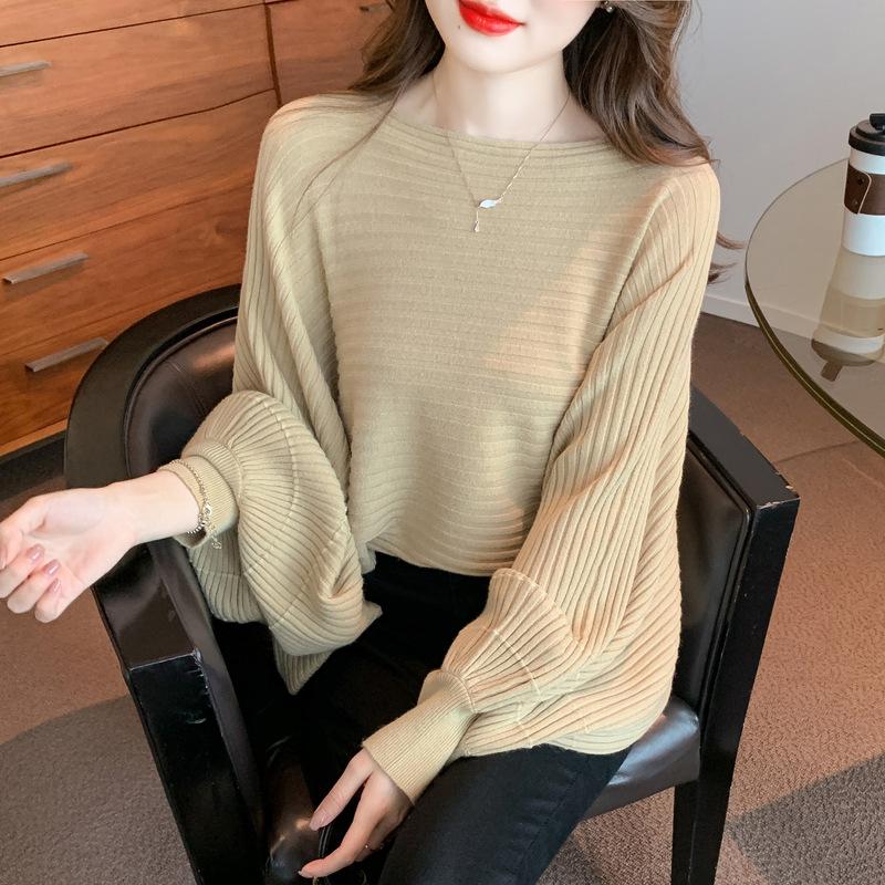 Lantern-sleeved Sweater Women's One-neck Long-sleeved Knitted Sweater Solid-color Loose Pullover Women's Autumn and Winter