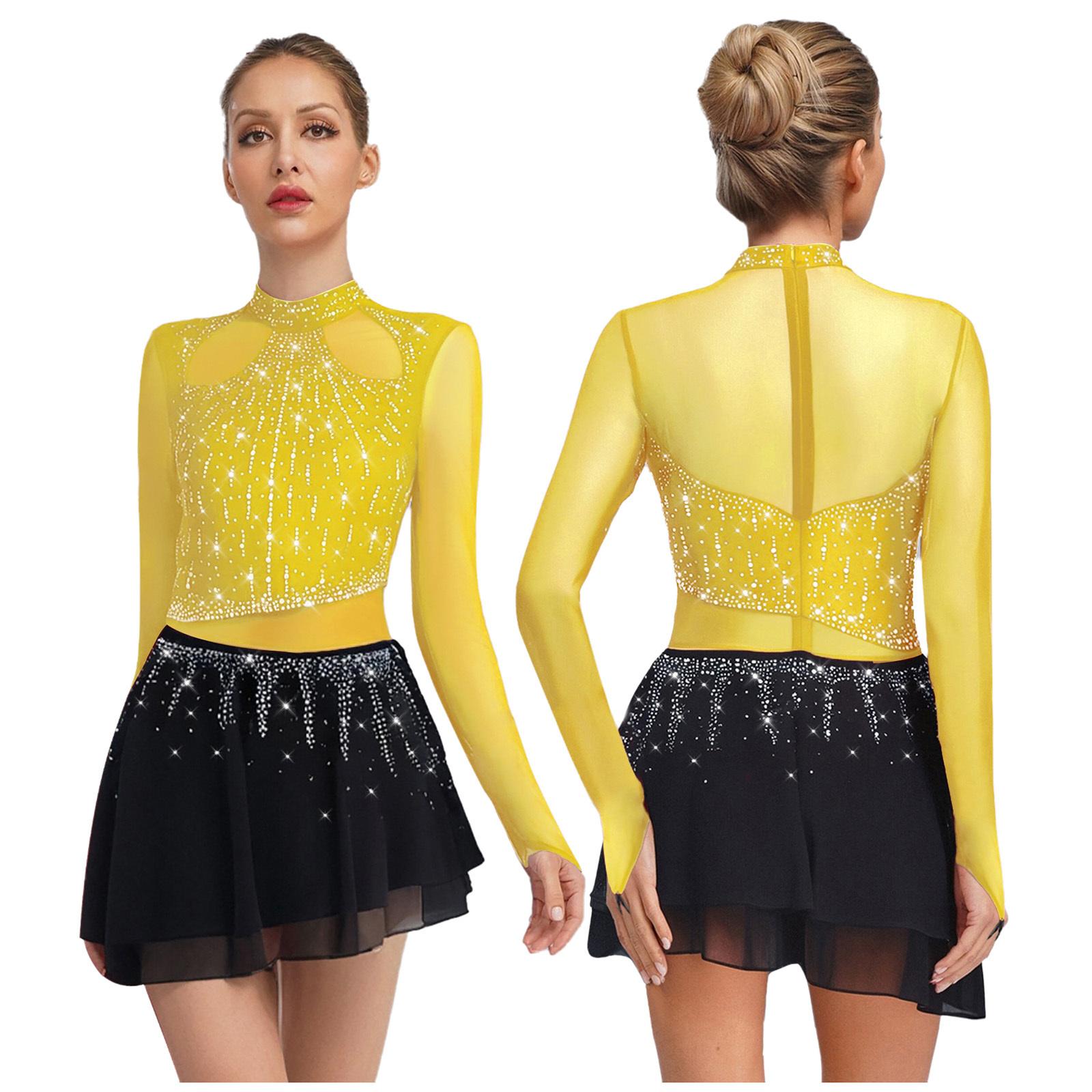 

Жіноча лірична танцювальна сукня-купальник з шифоновою спідницею та стразами, з довгим рукавом, костюм для фігурного катання S жовтий