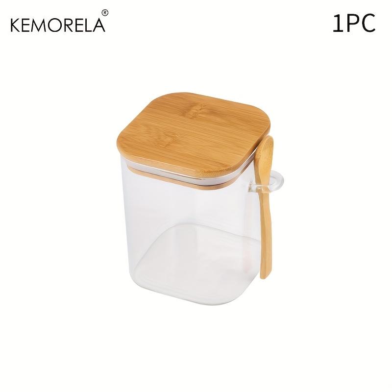 

KEMORELA 1/2 шт. Квадратная стеклянная банка для хранения продуктов Прозрачная с бамбуковой крышкой и ложкой для сахара, чая, кофе и сухих продуктов
