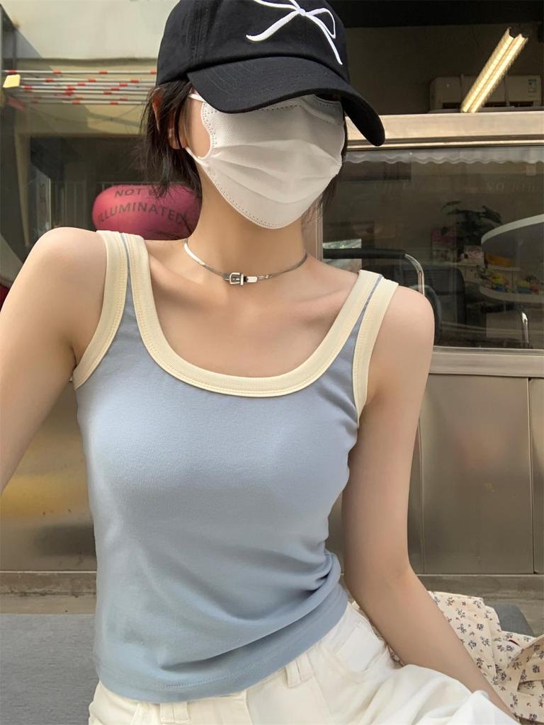 Summer Korean Slim-fit Square Neck Color-Contrast Vest with Chest Pads for Women