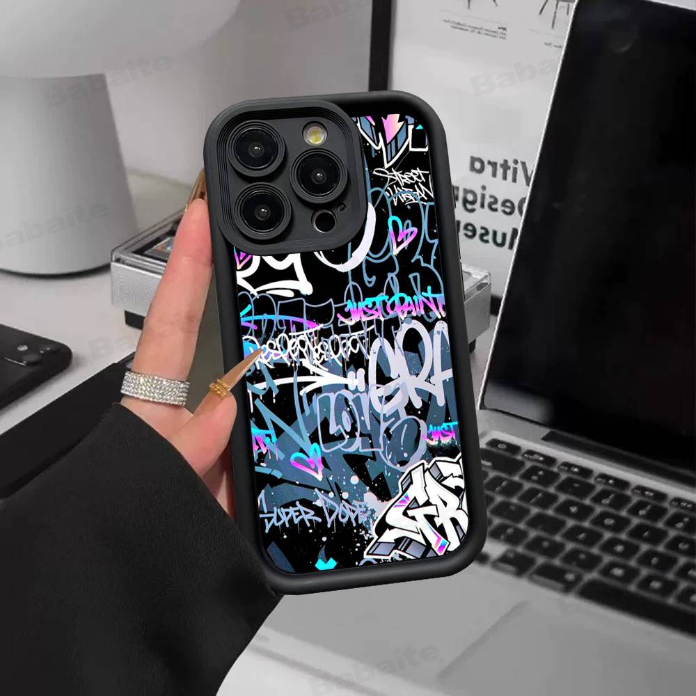 Stylový černý graffiti kryt na telefon pro iPhone 11 12 13 16 15 17 14 Pro Max Měkký silikonový kryt Funda