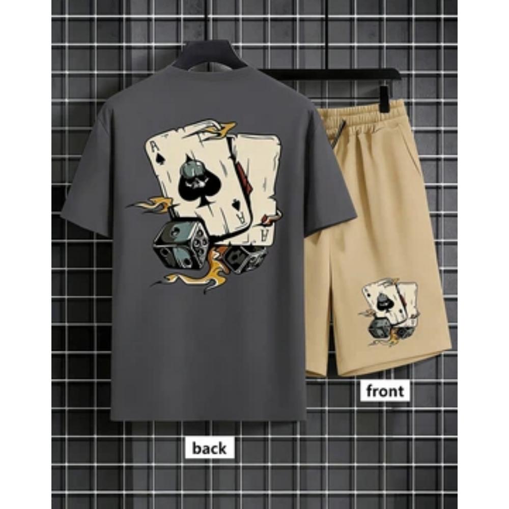 American men's summer fashion poker graffiti print comfortable breathable round neck T-shirt shorts set outdoor streetwear