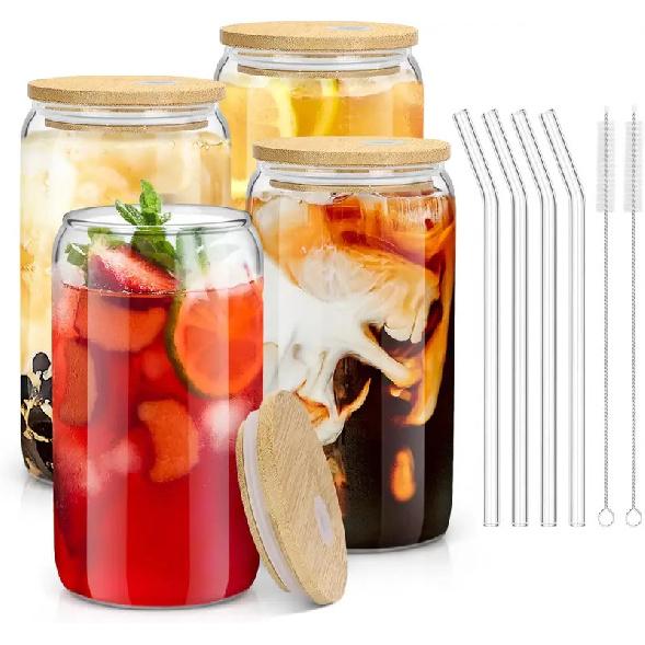 4Pcs 18.6Oz/550Ml Drinking Glasses with Bamboo Lids and Glass Straws, Glass Cups, Iced Coffee Glasses, Cute Iced Tea Glasses, Beer Glasses