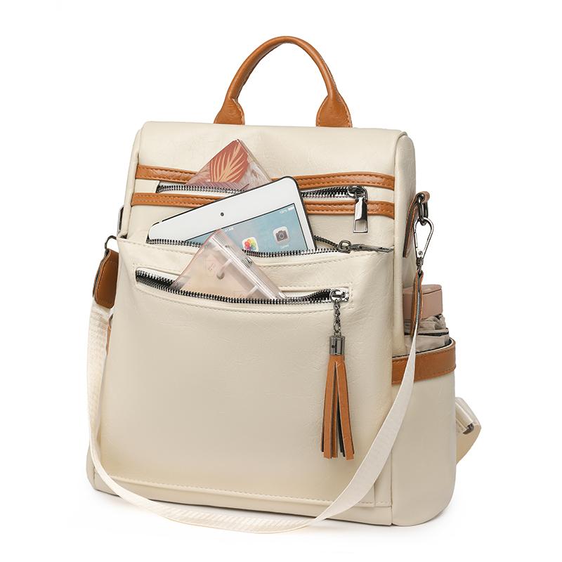 Women's Soft Leather Backpack Color Block Student Schoolbag Tassel Travel Bag