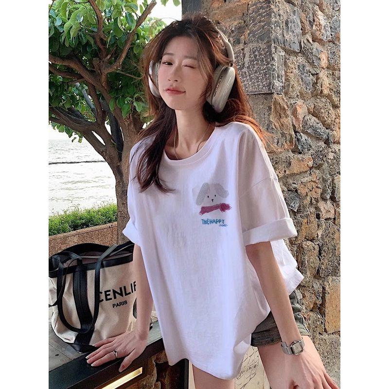 Idle Style Cartoon Letter Print Short-Sleeved T-shirt Women's Summer Niche Style Casual Loose Easiest for Match Black Tops Ins Fashion