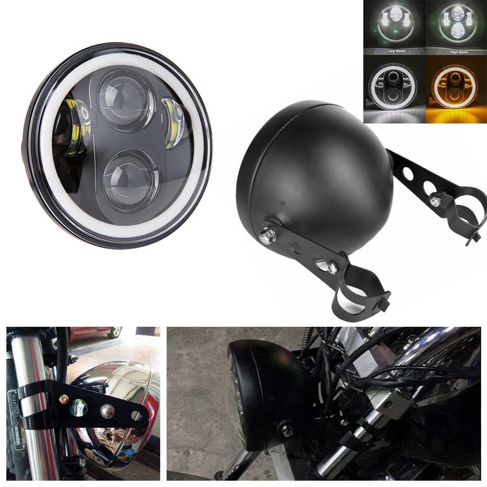 Black 5.75" Motorcycle LED Headlight with Mount Housing Bucket Bracket For Honda Shadow VT 600 750 1100 VTX 1300