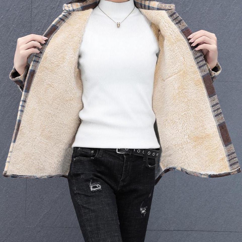 Fleece-Lined Plaid Mid-Length Wool Shirt for Women - Plus Size, Long-Sleeve Casual Outerwear