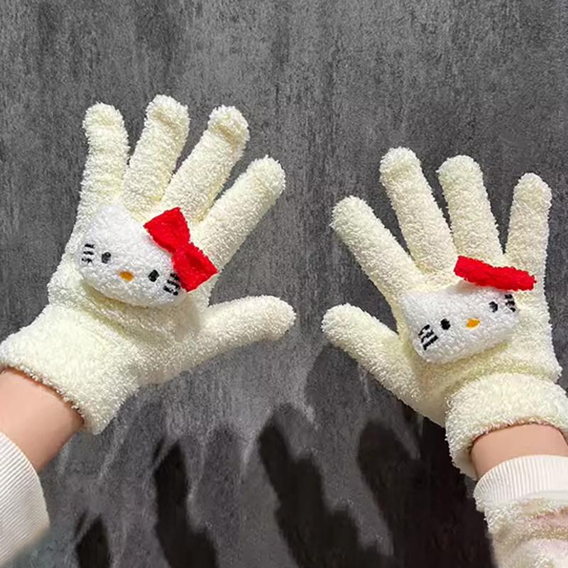 1Pair Kawaii Cute Kuromi Melody Cinnamoroll Kt Cat Gloves Cartoon Five Finger Gloves Autumn Winter Warm Student Gloves