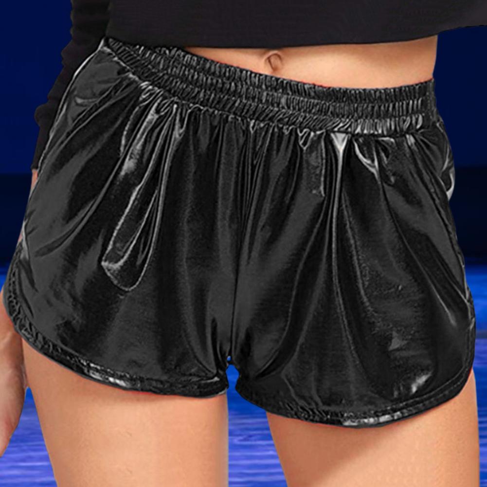 Women Casual Shorts Elastic High Waist Glossy Surface Solid Color Faux Leather Shorts with Pockets Streetwear