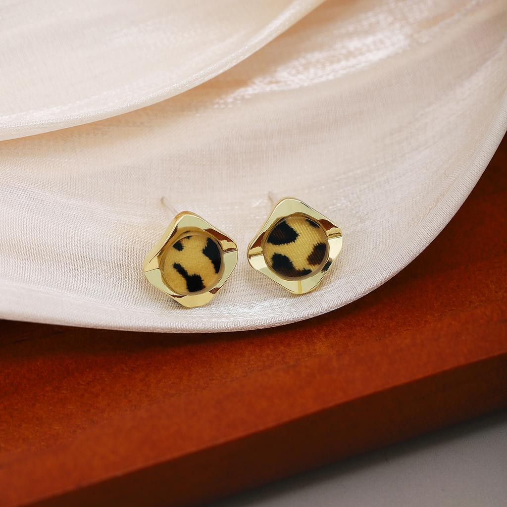 Retro Leopard Print Square Small Stud Earrings, Hong Kong Style Maillard Light Luxury Fashion Temperament Earrings