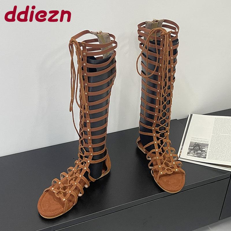 Móda Nová Móda Šněrovací Obuv Baleríny Ženy Kozačky nad Koleno Boty Dámské Kulatá Špička Dámské Dlouhé Gladiátorky Sandály Kozačky