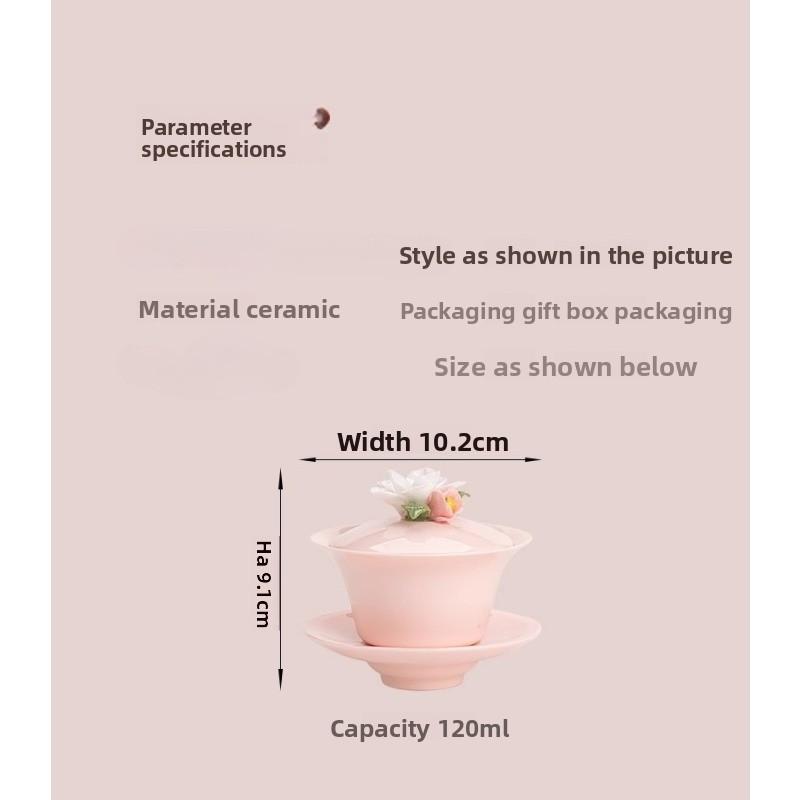 Ladies' Hovering Three-Talent Lidded Tea Bowl, Not Hot To the Touch, Pink Set, Handmade Ceramic Kung Fu Tea Cup, Single Lid Cup