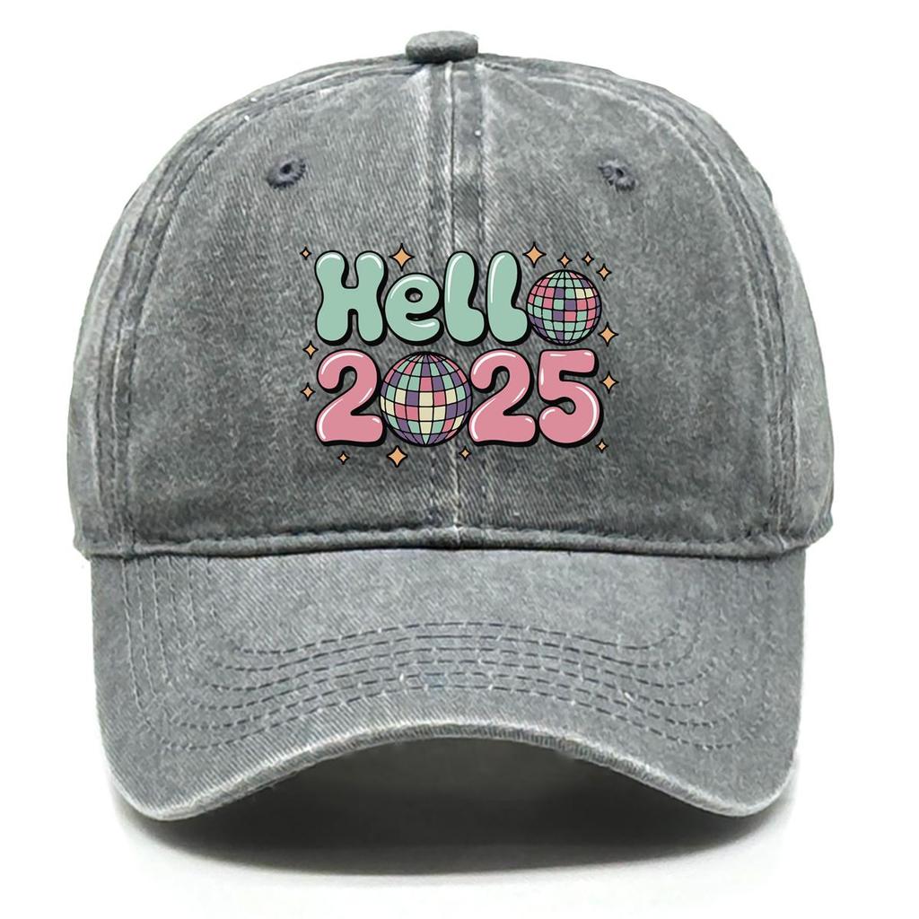HELLO 2025" Disco Ball Print Snapback Sun Hat, Sports Hat Unisex Trendy Raw Brim Sunshade Adjustable Baseball Hat