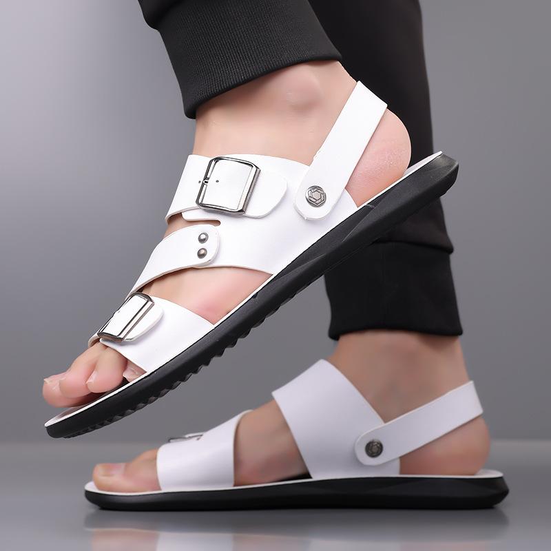 Summer New Men Gladiators Black White Brown Belt Buckle Pu Leather Casual Shoes Breathable Beach Sandals Outdoor Slippers